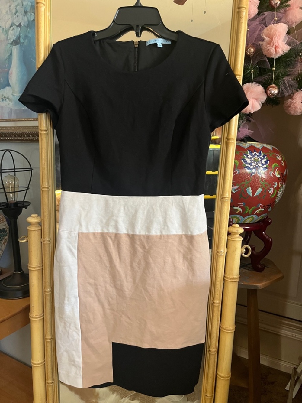ANTONIO MELANI Black, White & Blush Colorblock Midi Dress